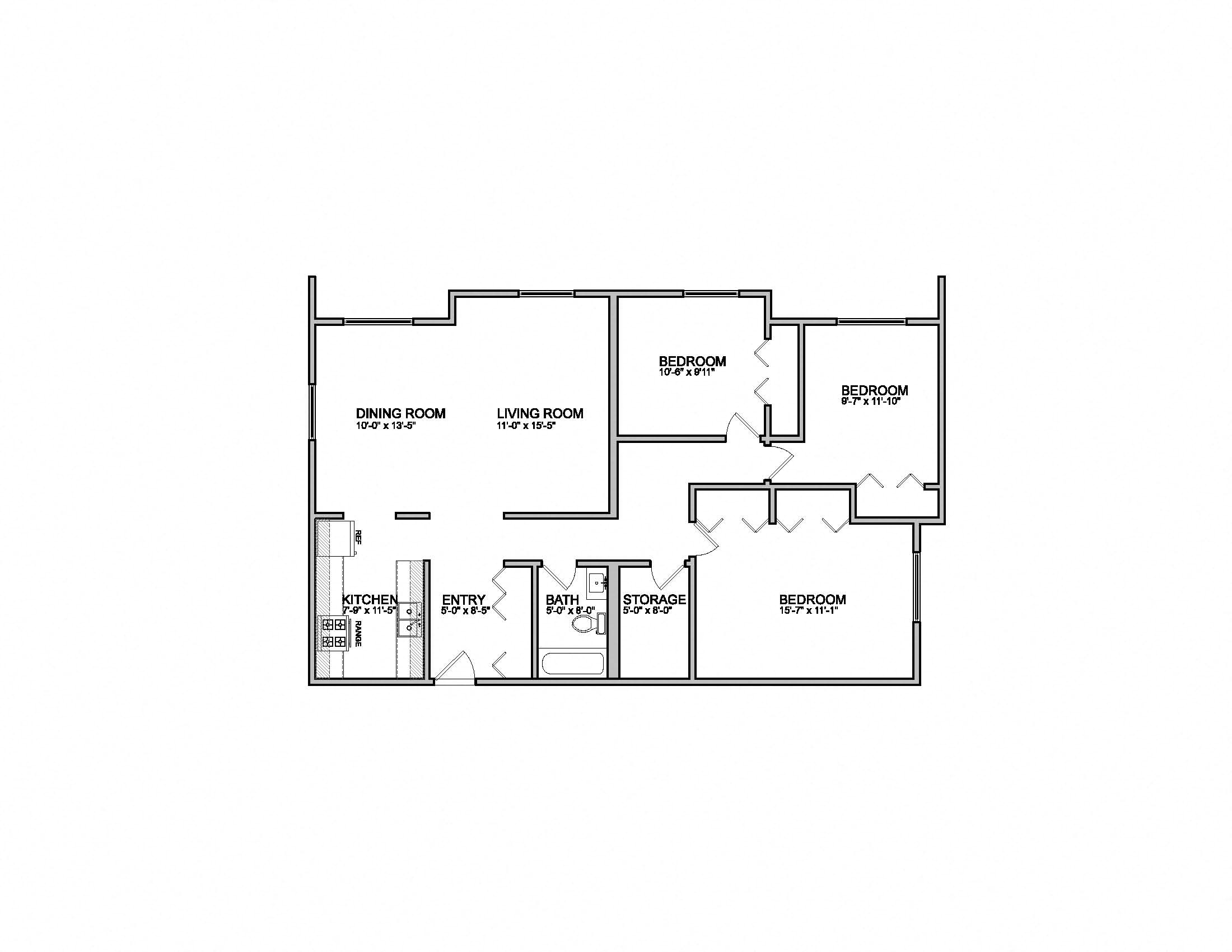 Floor plan for 3 beds, 2 baths, 1450 sqft